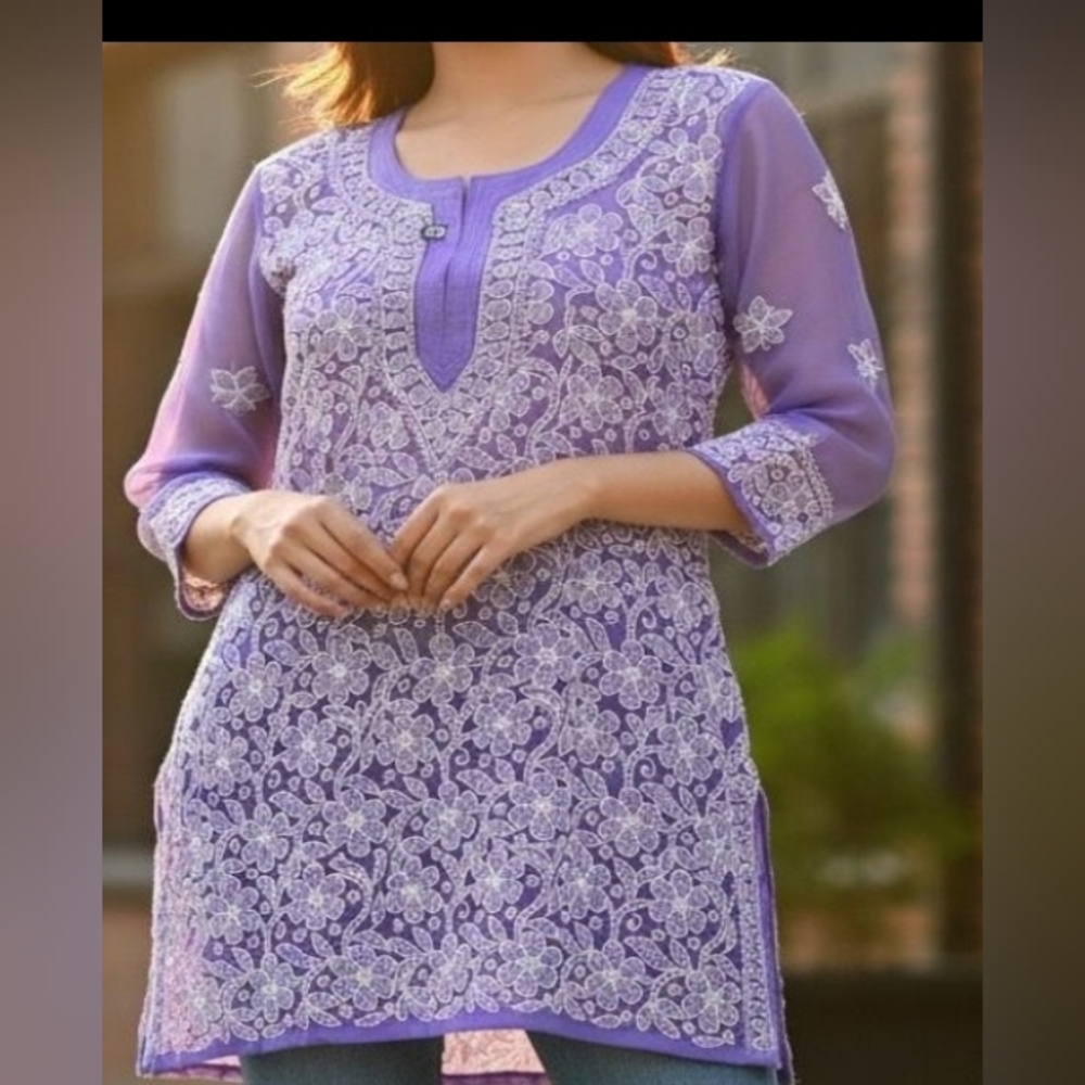 Chikankari hand made Georgette short top with free inner